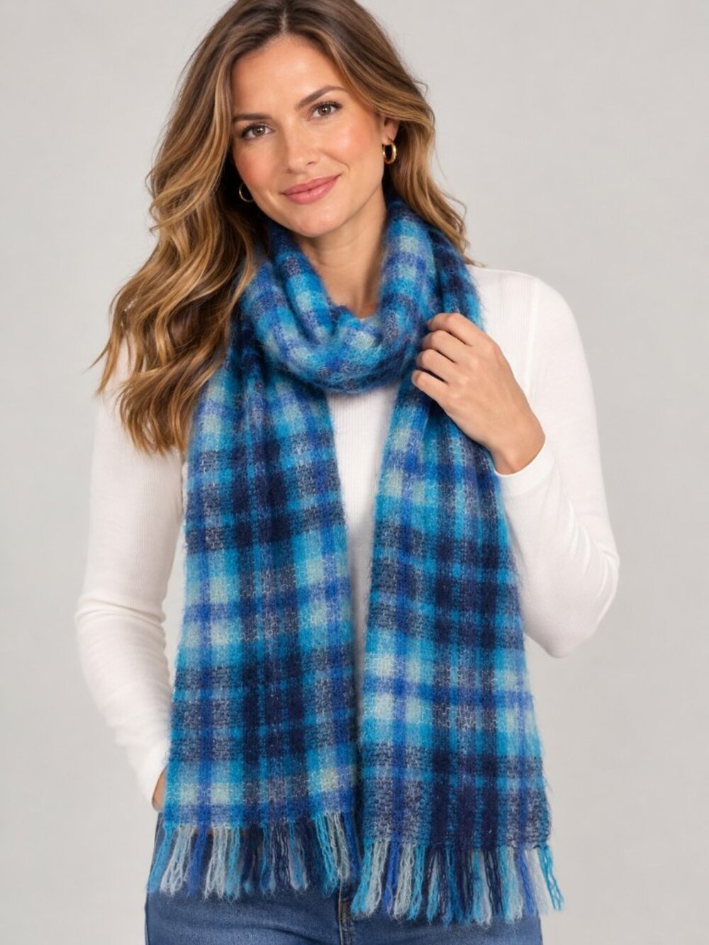 Vintage Holmes & Allan Ltd Scotland Mohair Wool Tartan Plaid Blue Scarf Cozy